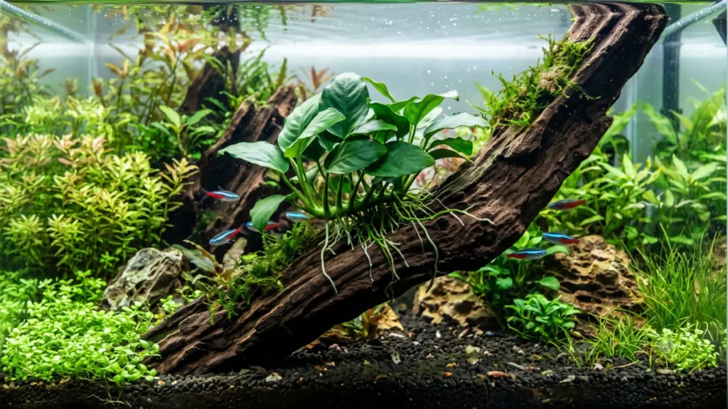 Aquário decorado utilizando troncos no aquario naturais