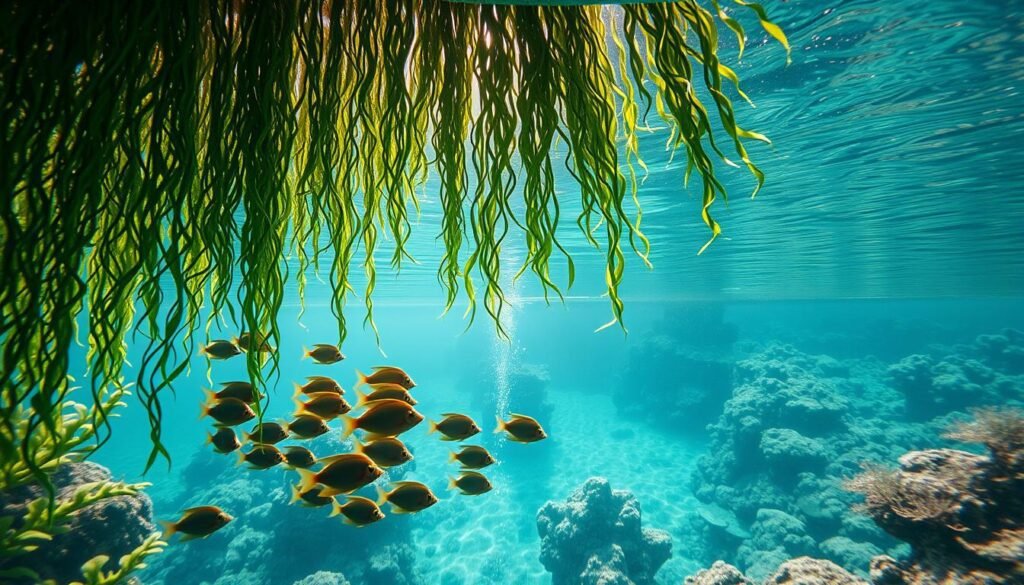 A breathtaking underwater paradise, with cascading aquatic plants swaying in the gentle current. In the foreground, a vibrant school of tropical fish dart between the lush, verdant foliage, their scales gleaming in the soft, ambient lighting. The middle ground features a tranquil, crystal-clear water column, mirroring the serene surface above. In the background, a stunning array of intricate coral formations and rocky outcroppings create a captivating, three-dimensional landscape. Sunlight filters through the water, casting a warm, diffused glow over the entire scene, evoking a sense of wonder and the calming beauty of the aquatic world.