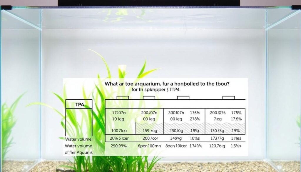 A clean, well-lit aquarium with a clear glass front. In the foreground, a detailed diagram showing the recommended water volume to be replaced during a partial water change (TPA) for a freshwater aquarium. The diagram includes precise measurements, percentages, and flow rates. In the middle ground, lush green aquatic plants sway gently in the currents. The background features a minimalist, neutral-toned setting, allowing the technical diagram to be the focal point. The overall composition conveys a sense of informative clarity, emphasizing the important details of performing an effective TPA for optimal aquarium health and maintenance. A clean, well-lit aquarium with a clear glass front. In the foreground, a detailed diagram showing the recommended water volume to be replaced during a partial water change (TPA) for a freshwater aquarium. The diagram includes precise measurements, percentages, and flow rates. In the middle ground, lush green aquatic plants sway gently in the currents. The background features a minimalist, neutral-toned setting, allowing the technical diagram to be the focal point. The overall composition conveys a sense of informative clarity, emphasizing the important details of performing an effective TPA for optimal aquarium health and maintenance.