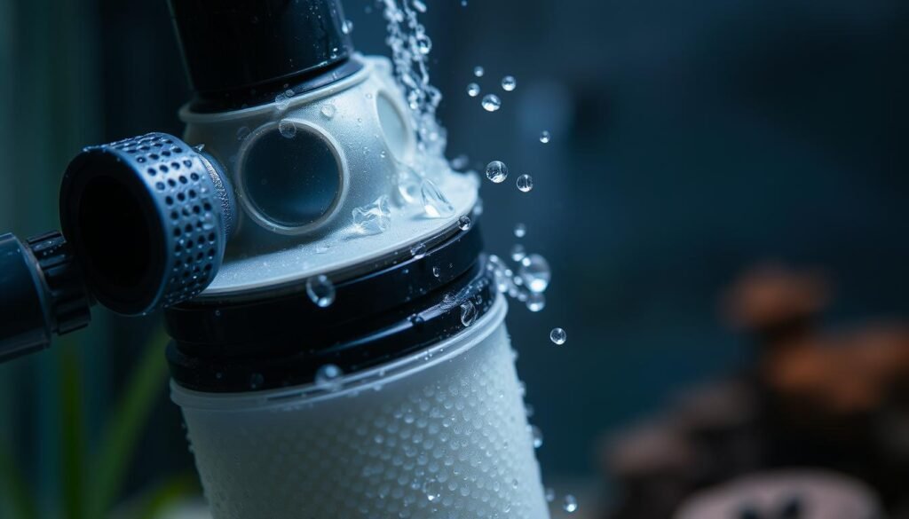 A close-up shot of an aquarium filter during maintenance, showcasing the intricate cleaning process. The filter housing is partially disassembled, revealing the internal components such as the mechanical and biological filtration media. Droplets of water cling to the surfaces, creating a sense of wetness and attention to detail. The lighting is soft and diffused, casting gentle shadows that accentuate the textures and shapes of the filter elements. The background is slightly blurred, placing the focus on the filter itself and the delicate work being performed. The overall mood is one of precision, care, and the importance of maintaining a healthy aquarium ecosystem. A close-up shot of an aquarium filter during maintenance, showcasing the intricate cleaning process. The filter housing is partially disassembled, revealing the internal components such as the mechanical and biological filtration media. Droplets of water cling to the surfaces, creating a sense of wetness and attention to detail. The lighting is soft and diffused, casting gentle shadows that accentuate the textures and shapes of the filter elements. The background is slightly blurred, placing the focus on the filter itself and the delicate work being performed. The overall mood is one of precision, care, and the importance of maintaining a healthy aquarium ecosystem.