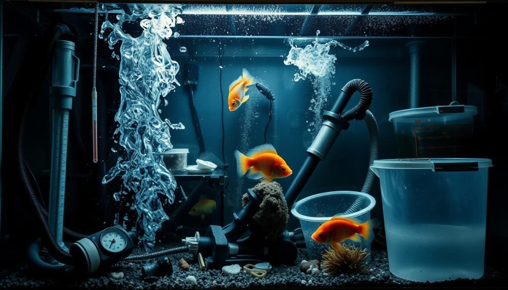A cluttered aquarium filled with various common mistakes during a water change: an overflowing siphon spilling water, a thermometer stuck to the glass, a gravel vacuum clogged with debris, a drained water bucket, and an anxious fish darting amidst the chaos. Harsh overhead lighting casts dramatic shadows, while the muted color palette conveys a sense of frustration and urgency. The composition is off-kilter, emphasizing the disorganized, haphazard nature of the scene. This image serves as a cautionary tale, highlighting the importance of careful preparation and attention to detail when performing a thorough, stress-free aquarium water change. A cluttered aquarium filled with various common mistakes during a water change: an overflowing siphon spilling water, a thermometer stuck to the glass, a gravel vacuum clogged with debris, a drained water bucket, and an anxious fish darting amidst the chaos. Harsh overhead lighting casts dramatic shadows, while the muted color palette conveys a sense of frustration and urgency. The composition is off-kilter, emphasizing the disorganized, haphazard nature of the scene. This image serves as a cautionary tale, highlighting the importance of careful preparation and attention to detail when performing a thorough, stress-free aquarium water change.
