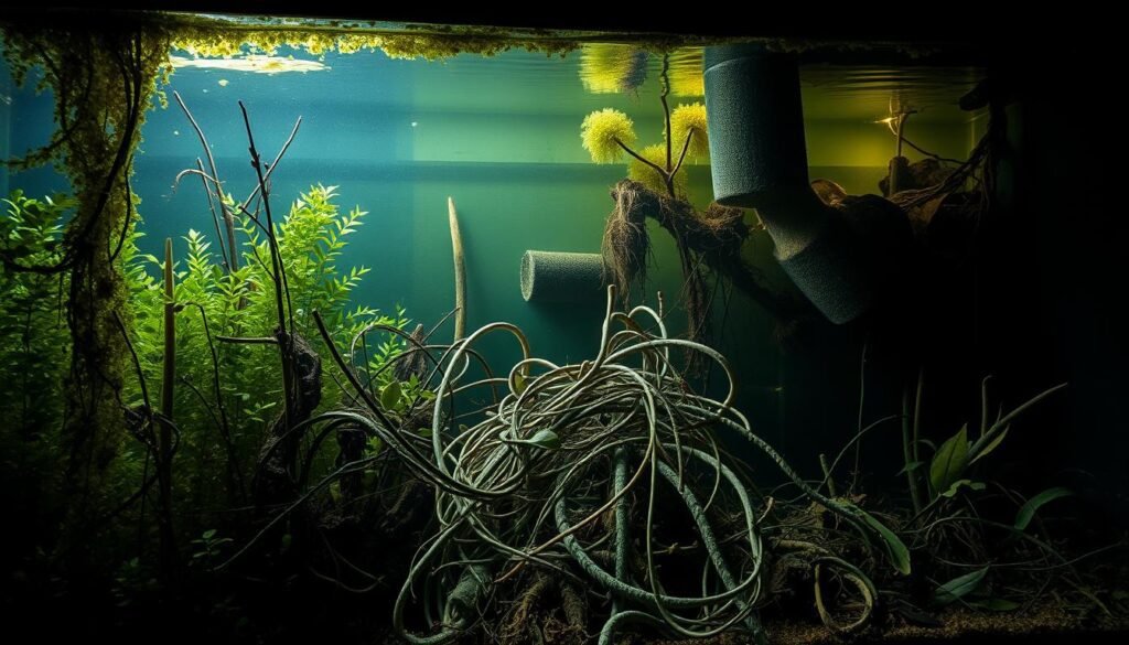 A cluttered aquarium with various maintenance issues, captured in a high-resolution, photorealistic style. In the foreground, a thick layer of algae coats the glass walls, obscuring the underwater plants. Midground reveals a tangled mass of dead and decaying vegetation, while the background showcases a murky, discolored water column. The lighting is dim, casting long shadows and creating an overall somber, neglected atmosphere. The camera angle is slightly elevated, providing a comprehensive view of the aquarium's deteriorated state, as if documenting the consequences of improper maintenance. A cluttered aquarium with various maintenance issues, captured in a high-resolution, photorealistic style. In the foreground, a thick layer of algae coats the glass walls, obscuring the underwater plants. Midground reveals a tangled mass of dead and decaying vegetation, while the background showcases a murky, discolored water column. The lighting is dim, casting long shadows and creating an overall somber, neglected atmosphere. The camera angle is slightly elevated, providing a comprehensive view of the aquarium's deteriorated state, as if documenting the consequences of improper maintenance.