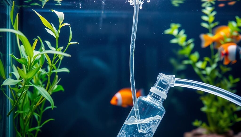 A detailed close-up shot of a freshwater aquarium, showcasing the process of a partial water change or TPA (total partial water change). The foreground features the aquarium's glass walls, filled with crystal clear water and lush aquatic plants swaying gently. In the middle ground, a siphon tube is visible, siphoning out a portion of the water. The background depicts the aquarium's other inhabitants, such as vibrant tropical fish, swimming peacefully. The lighting is soft and natural, creating a serene and calming atmosphere. The image captures the importance of regular TPA maintenance for the health and well-being of a freshwater aquarium ecosystem.