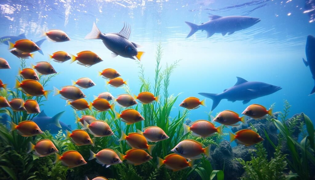 A detailed underwater scene showcasing the impact of TPA (Trophic Pressure Analysis) on various fish species. In the foreground, a vibrant school of tropical fish swim gracefully, their scales shimmering in the soft, diffused lighting. The middle ground features a diverse array of aquatic plants, their lush foliage gently swaying in the current. In the background, the silhouettes of larger predatory fish can be seen, creating a sense of depth and ecological balance. The scene is captured through a wide-angle lens, providing a comprehensive view of the aquatic habitat. The overall mood is one of tranquility and scientific observation, reflecting the objective assessment of the aquarium's fauna and flora. A detailed underwater scene showcasing the impact of TPA (Trophic Pressure Analysis) on various fish species. In the foreground, a vibrant school of tropical fish swim gracefully, their scales shimmering in the soft, diffused lighting. The middle ground features a diverse array of aquatic plants, their lush foliage gently swaying in the current. In the background, the silhouettes of larger predatory fish can be seen, creating a sense of depth and ecological balance. The scene is captured through a wide-angle lens, providing a comprehensive view of the aquatic habitat. The overall mood is one of tranquility and scientific observation, reflecting the objective assessment of the aquarium's fauna and flora.