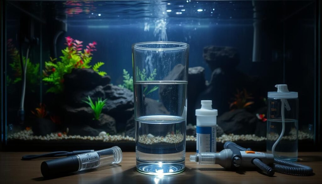 A dimly lit aquarium, the water gently rippling, with a lush underwater landscape of vibrant plants and rocks. In the foreground, a glass container filled with water sits ready, reflecting the ambient lighting. Surrounding the aquarium, various aquarium maintenance tools are neatly arranged, including a gravel vacuum, water test kit, and siphon. The overall atmosphere is one of tranquility and preparation, setting the stage for the upcoming tank maintenance routine. A dimly lit aquarium, the water gently rippling, with a lush underwater landscape of vibrant plants and rocks. In the foreground, a glass container filled with water sits ready, reflecting the ambient lighting. Surrounding the aquarium, various aquarium maintenance tools are neatly arranged, including a gravel vacuum, water test kit, and siphon. The overall atmosphere is one of tranquility and preparation, setting the stage for the upcoming tank maintenance routine.