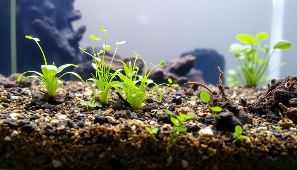 A lush, aquatic landscape showcasing a planted aquarium's substrate. The foreground features a rich, textured substrate composed of various natural materials, including fine gravel, dark-hued soil, and organic matter. Delicate aquatic plants emerge from the substrate, their vibrant green leaves and stems creating a harmonious underwater scene. The middle ground showcases the substrate's depth, allowing for the growth of larger aquatic plants with intricate root systems. The background subtly blends a soft, hazy light, creating a serene and tranquil atmosphere that emphasizes the importance of the substrate in maintaining a healthy, visually appealing planted aquarium. A lush, aquatic landscape showcasing a planted aquarium's substrate. The foreground features a rich, textured substrate composed of various natural materials, including fine gravel, dark-hued soil, and organic matter. Delicate aquatic plants emerge from the substrate, their vibrant green leaves and stems creating a harmonious underwater scene. The middle ground showcases the substrate's depth, allowing for the growth of larger aquatic plants with intricate root systems. The background subtly blends a soft, hazy light, creating a serene and tranquil atmosphere that emphasizes the importance of the substrate in maintaining a healthy, visually appealing planted aquarium.