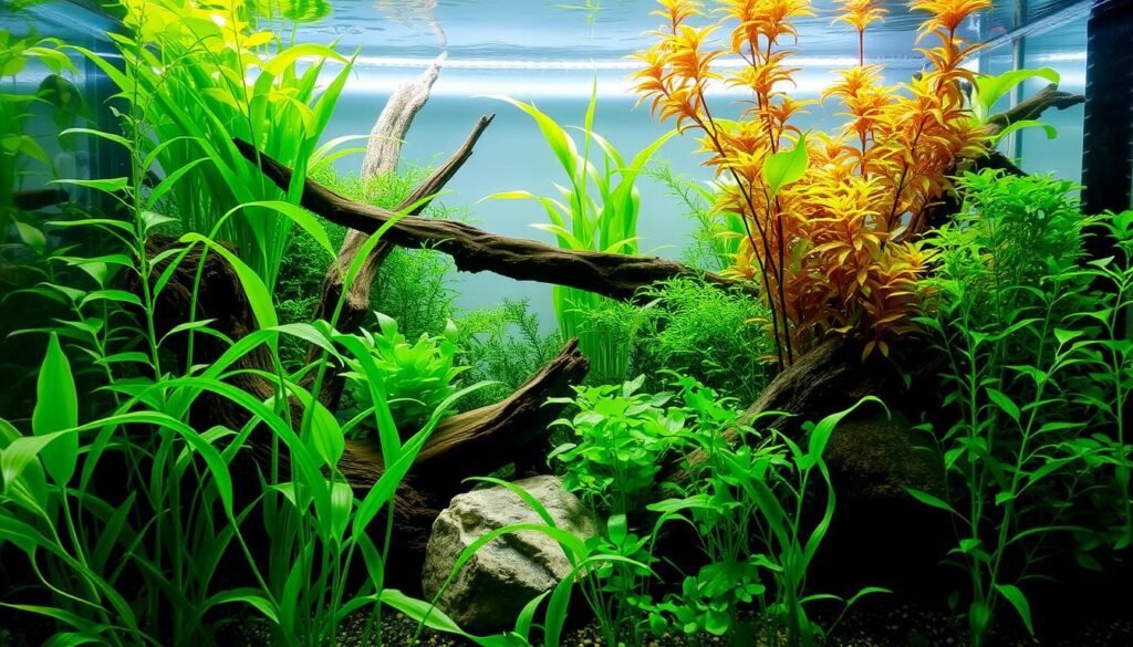 A lush, planted aquarium with a natural, underwater landscape. In the foreground, vibrant green aquatic plants sway gently, their delicate leaves creating a captivating focal point. The middle ground features a diversity of plant species, from the tall, graceful stems of water wisteria to the bushy clusters of ludwigia. Carefully placed driftwood and rocks provide visual interest and depth, creating a sense of depth and dimension. The background is illuminated by soft, diffused lighting, casting a warm, inviting glow throughout the scene. The water appears crystal clear, reflecting the verdant plants and creating a sense of tranquility and serenity. The overall composition conveys the beauty and balance of a well-maintained planted aquarium. A lush, planted aquarium with a natural, underwater landscape. In the foreground, vibrant green aquatic plants sway gently, their delicate leaves creating a captivating focal point. The middle ground features a diversity of plant species, from the tall, graceful stems of water wisteria to the bushy clusters of ludwigia. Carefully placed driftwood and rocks provide visual interest and depth, creating a sense of depth and dimension. The background is illuminated by soft, diffused lighting, casting a warm, inviting glow throughout the scene. The water appears crystal clear, reflecting the verdant plants and creating a sense of tranquility and serenity. The overall composition conveys the beauty and balance of a well-maintained planted aquarium.