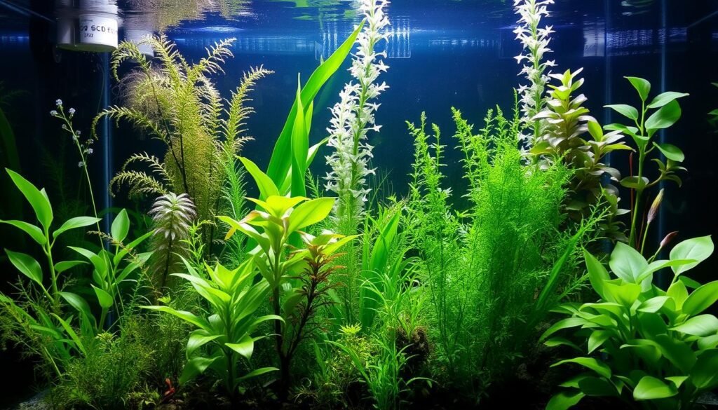 A lush, planted freshwater aquarium scene with a variety of aquatic plants in the foreground, middle, and background. The lighting is soft and natural, creating a calming and serene atmosphere. The camera angle is slightly elevated, providing a comprehensive view of the underwater garden. The plants are vibrant and healthy, showcasing different textures, colors, and growth habits, including tall stems, broad leaves, and delicate, floating vegetation. The water is crystal clear, allowing the intricate details of the plants to be visible. The overall composition emphasizes the beauty and diversity of a well-maintained planted aquarium. A lush, planted freshwater aquarium scene with a variety of aquatic plants in the foreground, middle, and background. The lighting is soft and natural, creating a calming and serene atmosphere. The camera angle is slightly elevated, providing a comprehensive view of the underwater garden. The plants are vibrant and healthy, showcasing different textures, colors, and growth habits, including tall stems, broad leaves, and delicate, floating vegetation. The water is crystal clear, allowing the intricate details of the plants to be visible. The overall composition emphasizes the beauty and diversity of a well-maintained planted aquarium.
