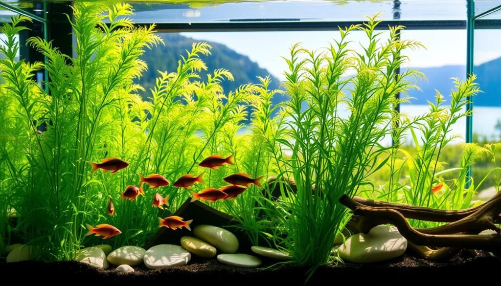 A lush, thriving aquarium filled with vibrant green plants, their delicate fronds swaying gently in the current. The water is crystal clear, reflecting the natural light that streams in through a large window, casting a warm, ambient glow over the scene. In the foreground, a healthy school of colorful fish dart to and fro, their scales shimmering. In the middle ground, the substrate is dotted with smooth river rocks and driftwood, creating a naturalistic, textured landscape. The background features a serene, out-of-focus vista, hinting at the larger world beyond the aquarium's glass walls. The overall atmosphere is one of tranquility and balance, a harmonious ecosystem that has been carefully maintained through the practice of regular water changes and tank maintenance. A lush, thriving aquarium filled with vibrant green plants, their delicate fronds swaying gently in the current. The water is crystal clear, reflecting the natural light that streams in through a large window, casting a warm, ambient glow over the scene. In the foreground, a healthy school of colorful fish dart to and fro, their scales shimmering. In the middle ground, the substrate is dotted with smooth river rocks and driftwood, creating a naturalistic, textured landscape. The background features a serene, out-of-focus vista, hinting at the larger world beyond the aquarium's glass walls. The overall atmosphere is one of tranquility and balance, a harmonious ecosystem that has been carefully maintained through the practice of regular water changes and tank maintenance.