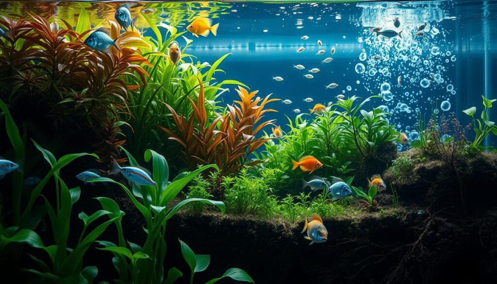 A lush underwater scene depicting the cycling process of a planted aquarium. In the foreground, water currents gently flow, revealing a diverse array of aquatic plants in vibrant shades of green, their leaves swaying gracefully. The middle ground features a carefully balanced ecosystem, with schools of colorful fish and clusters of beneficial bacteria, represented by swirling patterns of light. In the background, the tank's substrate is visible, showcasing the intricate network of roots and microbial activity that is essential for nutrient cycling and maintaining a healthy aquatic environment. The lighting is soft and diffused, creating a calming, natural atmosphere that captures the delicate balance of a thriving planted aquarium. A lush underwater scene depicting the cycling process of a planted aquarium. In the foreground, water currents gently flow, revealing a diverse array of aquatic plants in vibrant shades of green, their leaves swaying gracefully. The middle ground features a carefully balanced ecosystem, with schools of colorful fish and clusters of beneficial bacteria, represented by swirling patterns of light. In the background, the tank's substrate is visible, showcasing the intricate network of roots and microbial activity that is essential for nutrient cycling and maintaining a healthy aquatic environment. The lighting is soft and diffused, creating a calming, natural atmosphere that captures the delicate balance of a thriving planted aquarium.