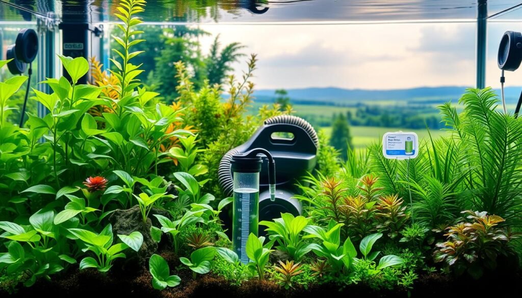 A lush, vibrant planted aquarium with a focus on various methods of total water change (TPA). The foreground features a diverse array of aquatic plants, their delicate leaves and vibrant colors reflecting the gentle ripples of the water. The middle ground showcases different aquarium equipment and tools used for performing TPAs, such as a gravel vacuum, siphon, and water testing kit. In the background, a serene landscape unfolds, with sunlight filtering through the aquarium glass, casting a warm, natural glow over the scene. The overall atmosphere is one of tranquility and attention to detail, highlighting the importance of proper TPA techniques in maintaining a healthy, thriving planted aquarium. A lush, vibrant planted aquarium with a focus on various methods of total water change (TPA). The foreground features a diverse array of aquatic plants, their delicate leaves and vibrant colors reflecting the gentle ripples of the water. The middle ground showcases different aquarium equipment and tools used for performing TPAs, such as a gravel vacuum, siphon, and water testing kit. In the background, a serene landscape unfolds, with sunlight filtering through the aquarium glass, casting a warm, natural glow over the scene. The overall atmosphere is one of tranquility and attention to detail, highlighting the importance of proper TPA techniques in maintaining a healthy, thriving planted aquarium.