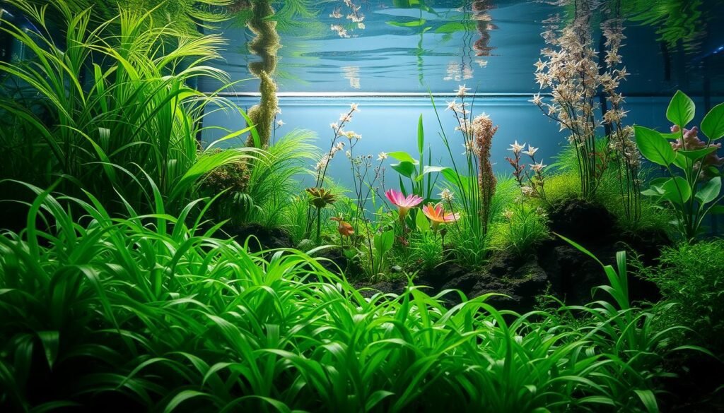 A lush, vibrant planted aquarium with a mesmerizing underwater landscape. In the foreground, a dense carpet of verdant aquatic plants sway gracefully, creating a serene and tranquil atmosphere. The middle ground features a mix of tall, swaying stems and clusters of delicate, colorful aquatic flora, casting enchanting reflections on the gently rippling surface. The background showcases a sense of depth, with a subtle interplay of light and shadow, hinting at hidden wonders within the aquatic realm. The overall scene evokes a captivating harmony between the living elements, the water, and the subtle natural lighting, inspiring a profound sense of wonder and appreciation for the beauty of a well-crafted planted aquarium.