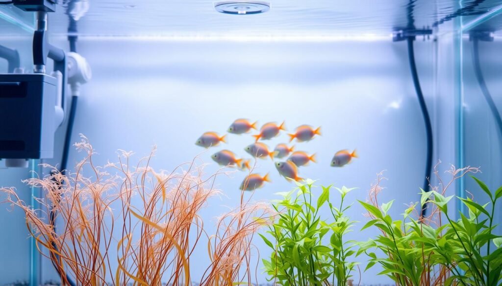 A tranquil aquarium scene with a close-up view of a pristine fish tank, showcasing the intricate process of a Partial Water Change (TPA). In the foreground, delicate aquatic plants sway gently, their vibrant colors contrasting against the crystal-clear water. In the middle ground, a school of tropical fish gracefully swim, their fins and scales glimmering under the soft, diffused lighting. The background features the aquarium equipment, including a water filter, thermometer, and a small watering can, all neatly arranged to create a harmonious and organized composition. The overall mood is one of calm and serenity, emphasizing the importance of proper aquarium maintenance for the well-being of the aquatic inhabitants. A tranquil aquarium scene with a close-up view of a pristine fish tank, showcasing the intricate process of a Partial Water Change (TPA). In the foreground, delicate aquatic plants sway gently, their vibrant colors contrasting against the crystal-clear water. In the middle ground, a school of tropical fish gracefully swim, their fins and scales glimmering under the soft, diffused lighting. The background features the aquarium equipment, including a water filter, thermometer, and a small watering can, all neatly arranged to create a harmonious and organized composition. The overall mood is one of calm and serenity, emphasizing the importance of proper aquarium maintenance for the well-being of the aquatic inhabitants.