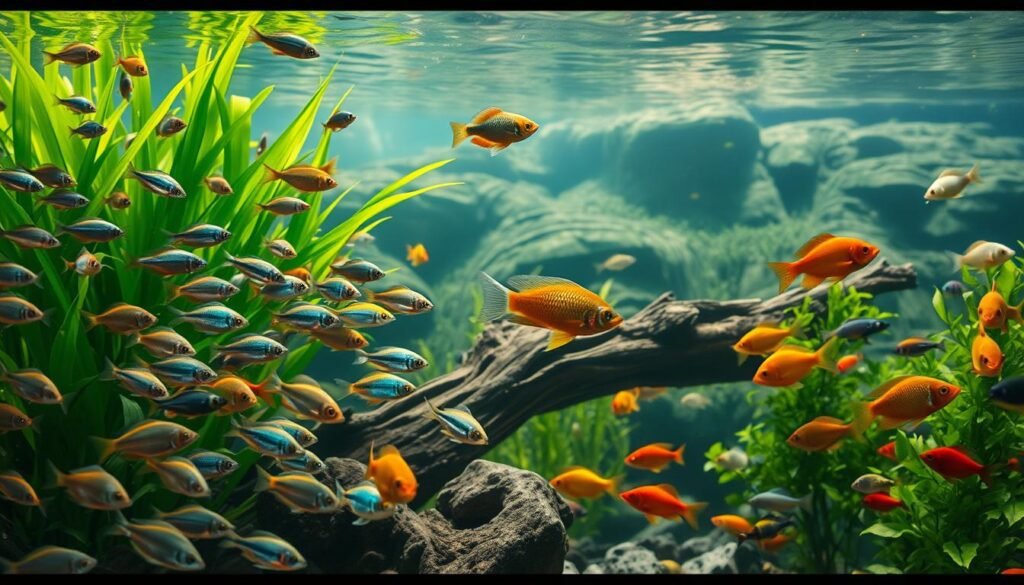 A vibrant aquatic scene showcasing a diverse array of freshwater fish swimming gracefully in a natural habitat. The foreground features a school of iridescent tetras, their fins shimmering as they dart between lush, verdant plants. In the middle ground, a stately angelfish hovers, its elegant body suspended in the crystal-clear water. Colorful rasboras and vibrant barbs congregate around submerged driftwood, while the background depicts a serene landscape of rocky outcroppings and sunlit water's surface. The lighting is soft and diffused, creating a tranquil, naturalistic atmosphere that captures the essence of a thriving freshwater ecosystem. A vibrant aquatic scene showcasing a diverse array of freshwater fish swimming gracefully in a natural habitat. The foreground features a school of iridescent tetras, their fins shimmering as they dart between lush, verdant plants. In the middle ground, a stately angelfish hovers, its elegant body suspended in the crystal-clear water. Colorful rasboras and vibrant barbs congregate around submerged driftwood, while the background depicts a serene landscape of rocky outcroppings and sunlit water's surface. The lighting is soft and diffused, creating a tranquil, naturalistic atmosphere that captures the essence of a thriving freshwater ecosystem.