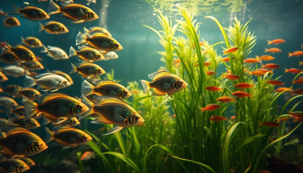 A vibrant underwater scene featuring a diverse array of ornamental freshwater fish. In the foreground, a school of glimmering lambari swim gracefully, their iridescent scales catching the soft, diffused light filtering through the water's surface. Midground, a pair of angelfish with flowing fins and striking patterns hover near a lush bed of aquatic plants. In the background, a group of neon tetras dart between the swaying fronds, creating a mesmerizing display of color and movement. The scene is bathed in a warm, natural glow, as if illuminated by the sun's rays penetrating the clear, tranquil waters. Captured with a wide-angle lens to showcase the depth and tranquility of this aquatic realm. A vibrant underwater scene featuring a diverse array of ornamental freshwater fish. In the foreground, a school of glimmering lambari swim gracefully, their iridescent scales catching the soft, diffused light filtering through the water's surface. Midground, a pair of angelfish with flowing fins and striking patterns hover near a lush bed of aquatic plants. In the background, a group of neon tetras dart between the swaying fronds, creating a mesmerizing display of color and movement. The scene is bathed in a warm, natural glow, as if illuminated by the sun's rays penetrating the clear, tranquil waters. Captured with a wide-angle lens to showcase the depth and tranquility of this aquatic realm.