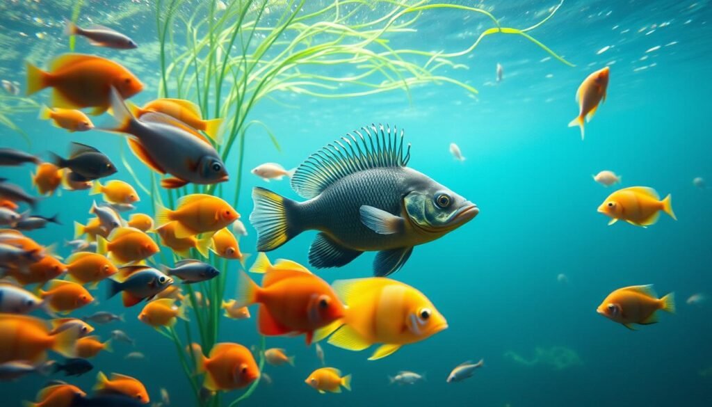 A vibrant underwater scene showcasing a diverse array of popular freshwater fish found in Brazil. In the foreground, a school of colorful tetras and angelfish gracefully glide through the crystal-clear waters, their scales shimmering under the soft, diffused lighting. In the middle ground, a majestic peacock bass prowls, its fins flaring and eyes alert. In the background, lush aquatic vegetation sways gently, creating a serene and naturalistic environment. The composition is balanced, capturing the harmony and beauty of these captivating freshwater species. The overall mood is one of tranquility and wonder, inviting the viewer to immerse themselves in this aquatic ecosystem. A vibrant underwater scene showcasing a diverse array of popular freshwater fish found in Brazil. In the foreground, a school of colorful tetras and angelfish gracefully glide through the crystal-clear waters, their scales shimmering under the soft, diffused lighting. In the middle ground, a majestic peacock bass prowls, its fins flaring and eyes alert. In the background, lush aquatic vegetation sways gently, creating a serene and naturalistic environment. The composition is balanced, capturing the harmony and beauty of these captivating freshwater species. The overall mood is one of tranquility and wonder, inviting the viewer to immerse themselves in this aquatic ecosystem.