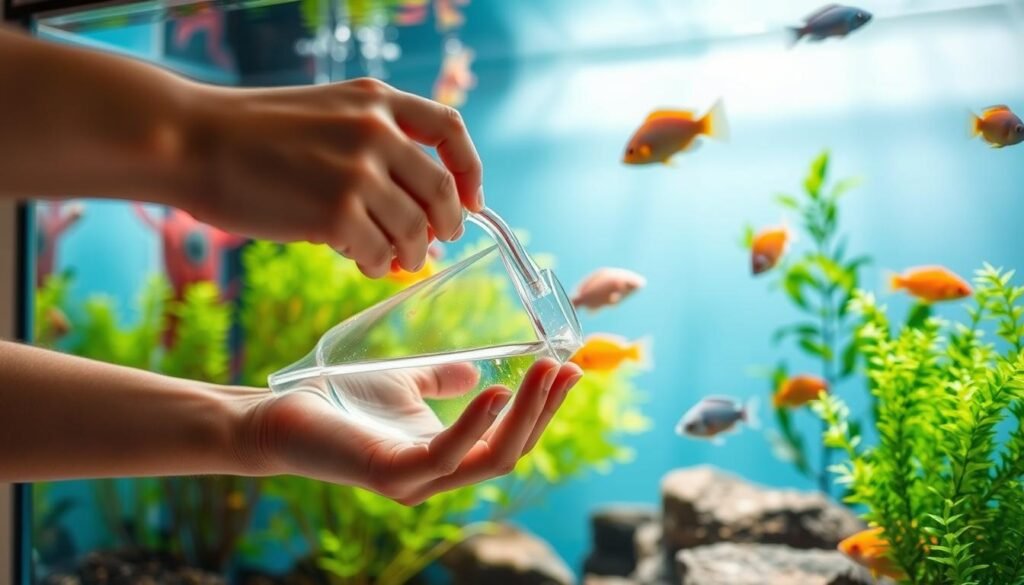 A well-lit aquarium with lush, vibrant plants and colorful fish swimming gracefully. The water appears crystal clear, reflecting the natural light filtering through the glass. In the foreground, a person's hands are gently siphoning water from the tank, demonstrating the process of a partial water change (TPA). The background is blurred, focusing the viewer's attention on the task at hand. The overall scene conveys a sense of tranquility and the importance of maintaining a healthy aquarium environment. A well-lit aquarium with lush, vibrant plants and colorful fish swimming gracefully. The water appears crystal clear, reflecting the natural light filtering through the glass. In the foreground, a person's hands are gently siphoning water from the tank, demonstrating the process of a partial water change (TPA). The background is blurred, focusing the viewer's attention on the task at hand. The overall scene conveys a sense of tranquility and the importance of maintaining a healthy aquarium environment.