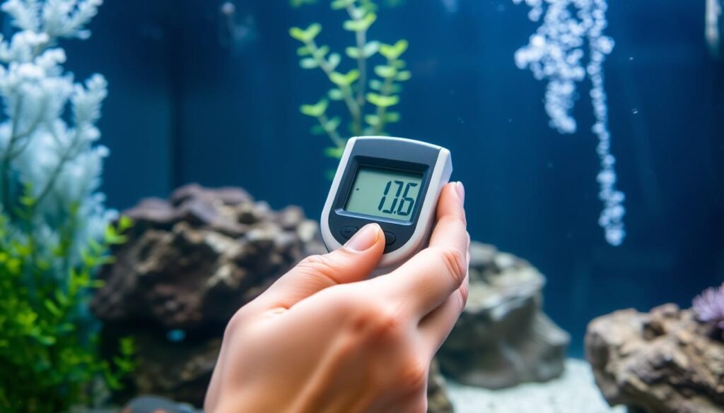 A well-lit, close-up photograph of a person's hands carefully testing the salinity levels of a marine aquarium using a digital salinity meter. The hands are precise and focused, reflecting the delicate balance required to maintain optimal salinity for the aquarium's inhabitants. The aquarium's substrate, live rock, and lush aquatic plants are visible in the background, creating a serene and natural underwater scene. The lighting is soft and diffused, emphasizing the importance of this maintenance task in preserving the aquarium's ecosystem. The overall mood is one of attentive care and attention to detail, crucial for the long-term health of the marine environment. A well-lit, close-up photograph of a person's hands carefully testing the salinity levels of a marine aquarium using a digital salinity meter. The hands are precise and focused, reflecting the delicate balance required to maintain optimal salinity for the aquarium's inhabitants. The aquarium's substrate, live rock, and lush aquatic plants are visible in the background, creating a serene and natural underwater scene. The lighting is soft and diffused, emphasizing the importance of this maintenance task in preserving the aquarium's ecosystem. The overall mood is one of attentive care and attention to detail, crucial for the long-term health of the marine environment.