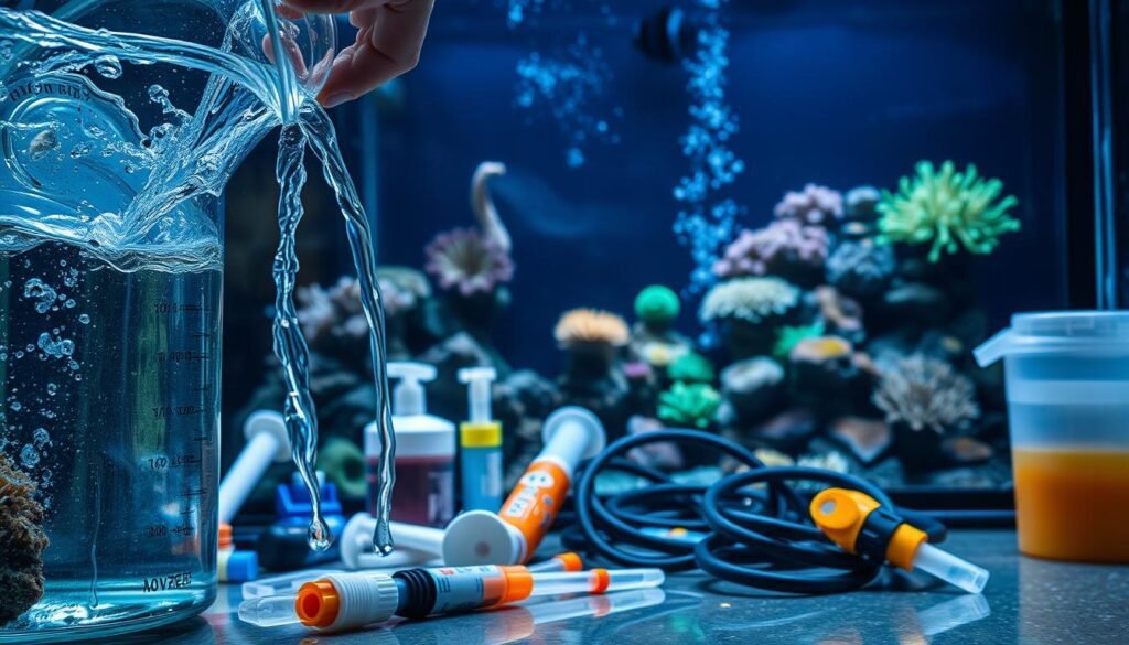 A well-lit, high-resolution image of a marine aquarium showcasing common mistakes in the water change (TPA) process. The foreground depicts a partially submerged hand pouring water into the aquarium, with water splashing onto the aquarium glass. In the middle ground, various aquarium equipment like test kits, hoses, and siphons are strewn about, indicating a disorganized setup. The background features a dimly lit aquarium with vibrant, healthy corals and fish, contrasting the messy foreground. The overall scene conveys a sense of carelessness and the need for a more methodical approach to TPA in order to maintain a thriving marine ecosystem. A well-lit, high-resolution image of a marine aquarium showcasing common mistakes in the water change (TPA) process. The foreground depicts a partially submerged hand pouring water into the aquarium, with water splashing onto the aquarium glass. In the middle ground, various aquarium equipment like test kits, hoses, and siphons are strewn about, indicating a disorganized setup. The background features a dimly lit aquarium with vibrant, healthy corals and fish, contrasting the messy foreground. The overall scene conveys a sense of carelessness and the need for a more methodical approach to TPA in order to maintain a thriving marine ecosystem.