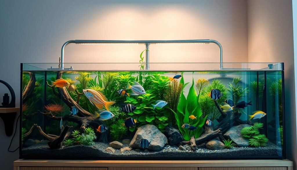 A well-lit, meticulously arranged aquarium setup, showcasing a lush underwater world. In the foreground, a diverse array of tropical fish gracefully swim through a vibrant plantedscape, accentuated by natural driftwood and strategically placed rocks. The middle ground features a clean, minimalist glass aquarium with a sleek, modern design, resting on a wooden cabinet. The background depicts a tranquil, ambient lighting that casts a warm, serene glow, creating a calming and inviting atmosphere. The entire scene conveys a sense of harmony and balance, perfectly illustrating the step-by-step process of setting up a beginner's first aquarium. A well-lit, meticulously arranged aquarium setup, showcasing a lush underwater world. In the foreground, a diverse array of tropical fish gracefully swim through a vibrant plantedscape, accentuated by natural driftwood and strategically placed rocks. The middle ground features a clean, minimalist glass aquarium with a sleek, modern design, resting on a wooden cabinet. The background depicts a tranquil, ambient lighting that casts a warm, serene glow, creating a calming and inviting atmosphere. The entire scene conveys a sense of harmony and balance, perfectly illustrating the step-by-step process of setting up a beginner's first aquarium.