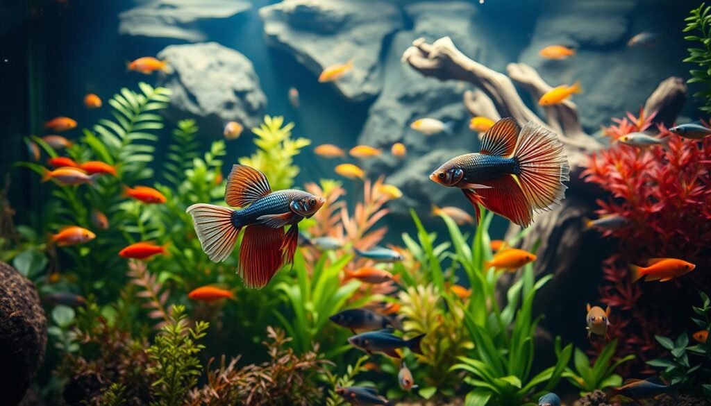 An aquarium filled with a vibrant underwater ecosystem, showcasing a variety of tropical fish swimming gracefully amidst lush aquatic plants. The foreground features a central focal point, a stunning betta fish with flowing fins and iridescent scales, while the middle ground displays a diverse array of neon tetras, guppies, and other schooling fish. The background is dominated by a naturalistic backdrop, with a realistic rock formation and driftwood creating a sense of depth and realism. The lighting is soft and diffused, creating a calming and serene atmosphere, as if captured through the lens of a high-quality macro photography setup. The overall composition and color palette evoke a sense of tranquility and wonder, perfectly suited to illustrate the "Tipos de Aquários para Iniciantes" section of the article. An aquarium filled with a vibrant underwater ecosystem, showcasing a variety of tropical fish swimming gracefully amidst lush aquatic plants. The foreground features a central focal point, a stunning betta fish with flowing fins and iridescent scales, while the middle ground displays a diverse array of neon tetras, guppies, and other schooling fish. The background is dominated by a naturalistic backdrop, with a realistic rock formation and driftwood creating a sense of depth and realism. The lighting is soft and diffused, creating a calming and serene atmosphere, as if captured through the lens of a high-quality macro photography setup. The overall composition and color palette evoke a sense of tranquility and wonder, perfectly suited to illustrate the "Tipos de Aquários para Iniciantes" section of the article.