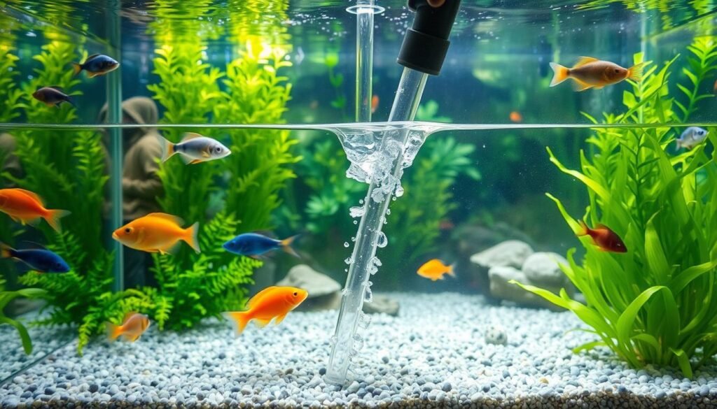 An aquarium filled with thriving aquatic life, the water shimmering with natural light streaming through the glass. In the center, a precise TPA (Partial Water Change) is in progress, the siphon carefully removing a portion of the water, revealing the clean gravel below. The aquarium's inhabitants, vibrant fish and lush plants, remain undisturbed, observing the routine maintenance with a sense of tranquility. The scene conveys the importance of this essential aquarium care practice, capturing the ideal frequency and execution of a TPA for optimal aquarium health and balance. An aquarium filled with thriving aquatic life, the water shimmering with natural light streaming through the glass. In the center, a precise TPA (Partial Water Change) is in progress, the siphon carefully removing a portion of the water, revealing the clean gravel below. The aquarium's inhabitants, vibrant fish and lush plants, remain undisturbed, observing the routine maintenance with a sense of tranquility. The scene conveys the importance of this essential aquarium care practice, capturing the ideal frequency and execution of a TPA for optimal aquarium health and balance.