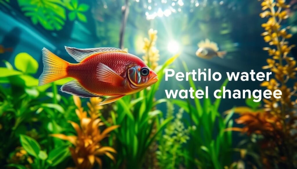 An aquarium with a lush underwater scene, showcasing the importance of regular partial water changes. In the foreground, a fish swims gracefully, its vibrant colors reflecting the pristine water. The middle ground features various aquatic plants, their leaves gently swaying in the current. In the background, a sunbeam filters through the water, casting a warm, natural glow. The overall composition emphasizes the balanced, thriving ecosystem that can be achieved through proper water maintenance techniques. Captured with a wide-angle lens, the image conveys a sense of depth and immersion, inviting the viewer to appreciate the delicate balance of an aquarium environment. An aquarium with a lush underwater scene, showcasing the importance of regular partial water changes. In the foreground, a fish swims gracefully, its vibrant colors reflecting the pristine water. The middle ground features various aquatic plants, their leaves gently swaying in the current. In the background, a sunbeam filters through the water, casting a warm, natural glow. The overall composition emphasizes the balanced, thriving ecosystem that can be achieved through proper water maintenance techniques. Captured with a wide-angle lens, the image conveys a sense of depth and immersion, inviting the viewer to appreciate the delicate balance of an aquarium environment.