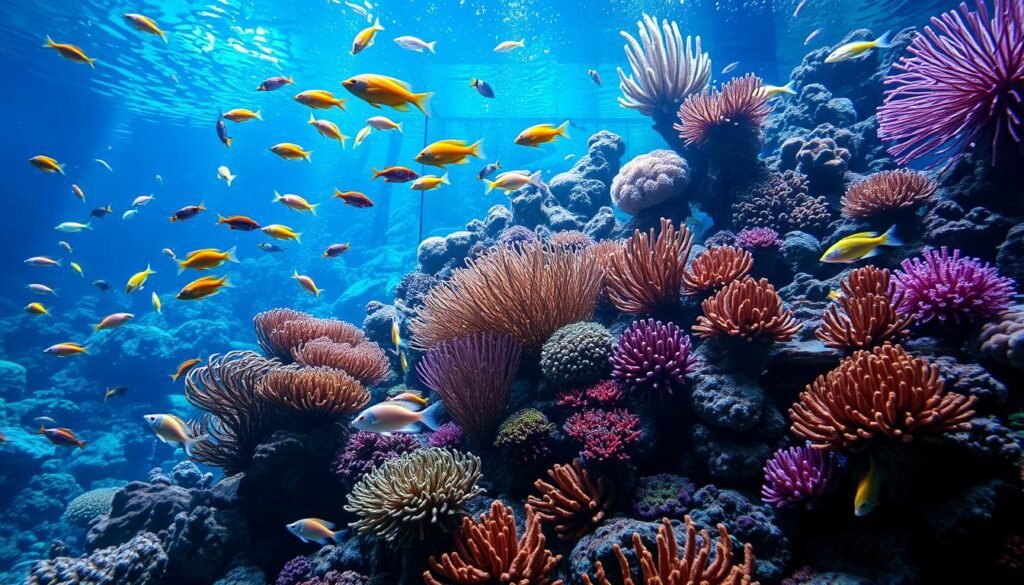 Imagem de um aquário de recife próspero com corais e peixes coloridos Imagem de um aquário de recife próspero com corais e peixes coloridos