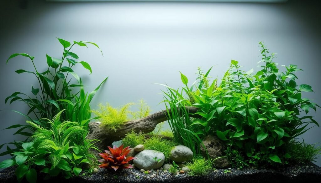 Lush, thriving planted aquarium set against a minimalist, clean background. Vibrant, diverse aquatic plants in the foreground, their leaves and stems gently swaying in a soft, diffused lighting. A natural, uncluttered hardscape of smooth stones and driftwood creates depth and interest in the middle ground. The background is a simple, muted tone that allows the vivid greenery to take center stage. The overall scene exudes a sense of tranquility and balance, perfectly capturing the essence of a thoughtfully planned, well-executed planted aquarium. Lush, thriving planted aquarium set against a minimalist, clean background. Vibrant, diverse aquatic plants in the foreground, their leaves and stems gently swaying in a soft, diffused lighting. A natural, uncluttered hardscape of smooth stones and driftwood creates depth and interest in the middle ground. The background is a simple, muted tone that allows the vivid greenery to take center stage. The overall scene exudes a sense of tranquility and balance, perfectly capturing the essence of a thoughtfully planned, well-executed planted aquarium.