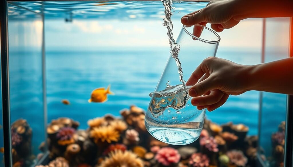 Misturando água salgada aquário: A tranquil underwater scene, with a glass aquarium filled with crystal-clear saltwater. The foreground features a skilled hand carefully mixing a new saltwater solution, creating gentle swirls and ripples in the water. The middle ground showcases a healthy marine ecosystem, with vibrant corals, anemones, and a variety of tropical fish swimming gracefully. The background blends seamlessly with a softly blurred seascape, hinting at the ocean's boundless expanse. Warm, natural lighting illuminates the scene, creating a serene and inviting atmosphere that captures the essence of creating a thriving saltwater aquarium. Misturando água salgada aquário: A tranquil underwater scene, with a glass aquarium filled with crystal-clear saltwater. The foreground features a skilled hand carefully mixing a new saltwater solution, creating gentle swirls and ripples in the water. The middle ground showcases a healthy marine ecosystem, with vibrant corals, anemones, and a variety of tropical fish swimming gracefully. The background blends seamlessly with a softly blurred seascape, hinting at the ocean's boundless expanse. Warm, natural lighting illuminates the scene, creating a serene and inviting atmosphere that captures the essence of creating a thriving saltwater aquarium.