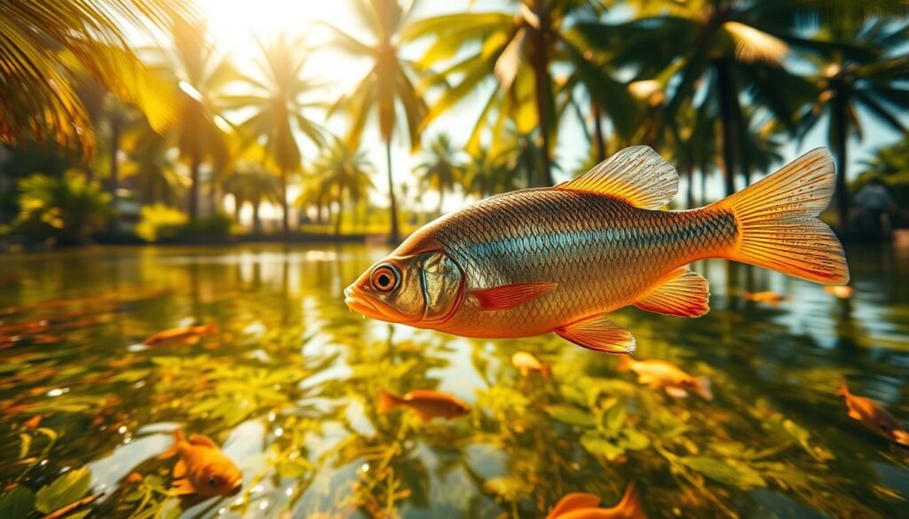 Tilapia fish swimming gracefully in a vibrant, sun-dappled freshwater pond. The foreground features a close-up of a colorful tilapia, its scales shimmering in the warm light. The middle ground shows a small school of tilapia exploring the lush, aquatic vegetation. In the background, the pond is framed by towering palm trees, casting soft shadows over the tranquil scene. The overall atmosphere is one of natural harmony and the versatility of this popular freshwater fish. Captured with a wide-angle lens and natural lighting to showcase the beauty and popularity of tilapia. Tilapia fish swimming gracefully in a vibrant, sun-dappled freshwater pond. The foreground features a close-up of a colorful tilapia, its scales shimmering in the warm light. The middle ground shows a small school of tilapia exploring the lush, aquatic vegetation. In the background, the pond is framed by towering palm trees, casting soft shadows over the tranquil scene. The overall atmosphere is one of natural harmony and the versatility of this popular freshwater fish. Captured with a wide-angle lens and natural lighting to showcase the beauty and popularity of tilapia.
