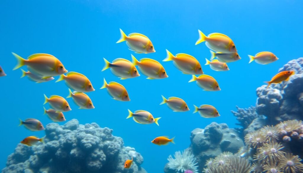 Underwater marine aquarium teeming with vibrant tropical fish. In the foreground, a school of colorful marine fish glide gracefully through the crystal-clear water, their scales shimmering under the soft, diffused lighting. In the middle ground, a thriving coral reef ecosystem with delicate polyps and anemones sways gently in the current. The background features a serene, blue-hued water column, creating a sense of depth and tranquility. The overall scene evokes the benefits of regular tank maintenance and water changes, promoting the optimal health and wellbeing of the aquarium's inhabitants.