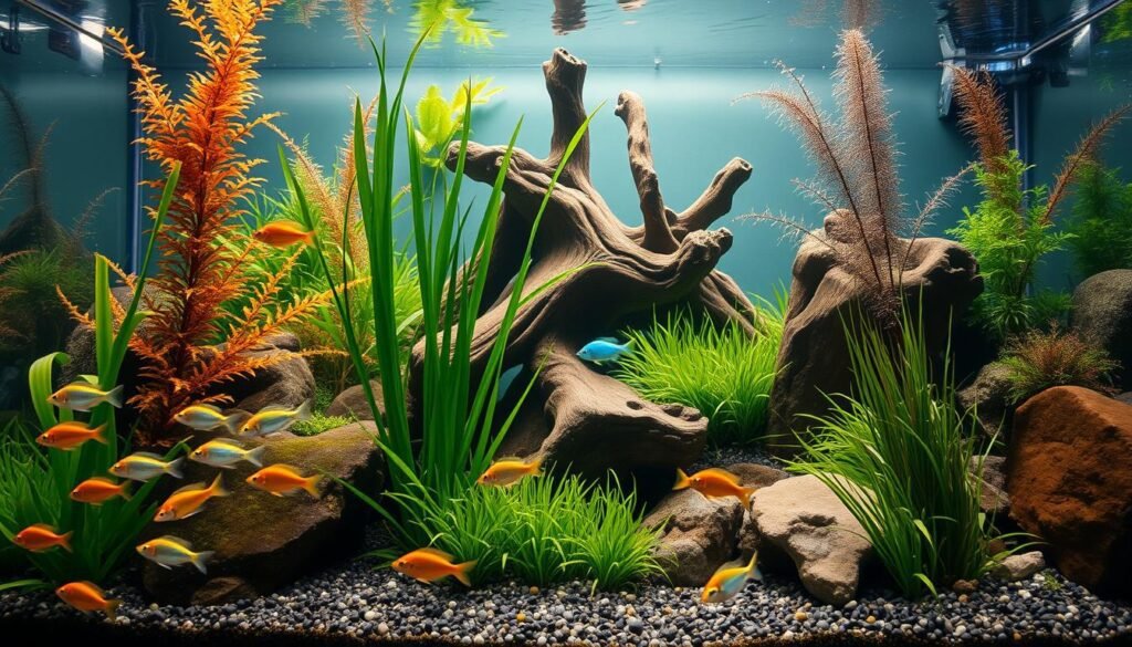A beautifully designed aquarium with lush underwater vegetation, vibrant tropical fish, and natural-looking rock formations. The foreground features a vibrant school of neon tetras, their iridescent scales shimmering under the warm, diffused lighting. The midground showcases a mix of lush plants, including tall, swaying Amazon swords and carpeted dwarf hairgrass. In the background, a striking driftwood centerpiece rises from the gravel, creating a sense of depth and visual interest. The overall scene conveys a serene, tranquil atmosphere, perfectly suited for an ornamental fish display. peixes ornamentais para aquário