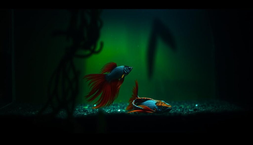 A betta fish, its vibrant fins drooping, rests listlessly at the bottom of a dimly lit aquarium. The water has a murky, greenish hue, conveying a sense of stagnation. Shadows cast by the aquarium decorations and plants create an oppressive atmosphere, highlighting the fish's despondent state. The lighting is soft and moody, with a subtle blue tint, emphasizing the betta's melancholy expression. The composition places the betta in the foreground, drawing the viewer's attention to its stressed and lethargic demeanor. The overall scene evokes a sense of concern and the need to address the underlying causes of the betta's distress. A betta fish, its vibrant fins drooping, rests listlessly at the bottom of a dimly lit aquarium. The water has a murky, greenish hue, conveying a sense of stagnation. Shadows cast by the aquarium decorations and plants create an oppressive atmosphere, highlighting the fish's despondent state. The lighting is soft and moody, with a subtle blue tint, emphasizing the betta's melancholy expression. The composition places the betta in the foreground, drawing the viewer's attention to its stressed and lethargic demeanor. The overall scene evokes a sense of concern and the need to address the underlying causes of the betta's distress.