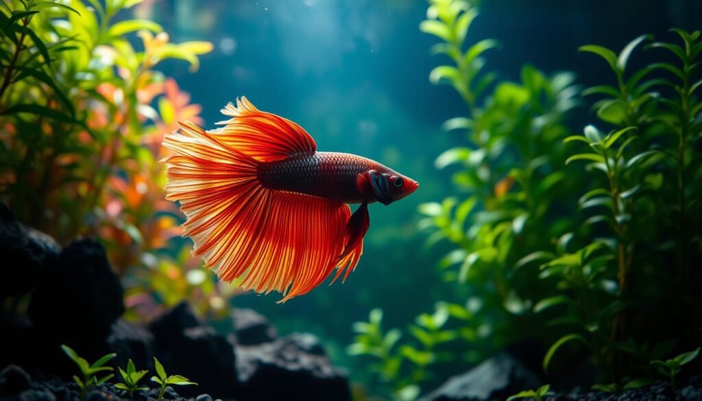 A betta fish swimming contemplatively in the tranquil depths of a lush, planted aquarium. The underwater scene is illuminated by soft, natural lighting that filters through the water, casting a serene, underwater ambiance. The betta's vibrant, flowing fins gracefully flutter as it hovers near the substrate, seemingly at peace in its underwater domain. The background is filled with a verdant array of aquatic plants, creating a sense of depth and a serene, aquatic environment. The composition is balanced, with the betta positioned centrally, drawing the viewer's eye to the subject. A betta fish swimming contemplatively in the tranquil depths of a lush, planted aquarium. The underwater scene is illuminated by soft, natural lighting that filters through the water, casting a serene, underwater ambiance. The betta's vibrant, flowing fins gracefully flutter as it hovers near the substrate, seemingly at peace in its underwater domain. The background is filled with a verdant array of aquatic plants, creating a sense of depth and a serene, aquatic environment. The composition is balanced, with the betta positioned centrally, drawing the viewer's eye to the subject.