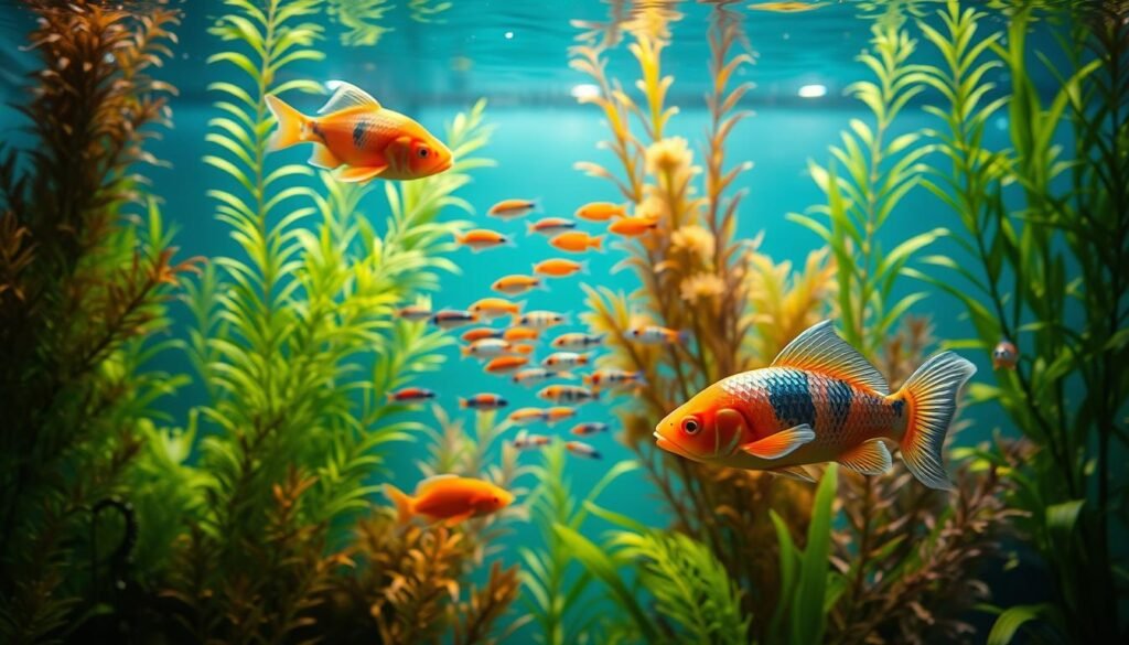 A brightly lit aquarium filled with vibrant, tropical fish swimming gracefully against a backdrop of lush, underwater plants. The foreground features a pair of ornamental koi fish, their iridescent scales shimmering in the soft, diffused lighting. In the middle ground, a colorful school of neon tetras darts between the swaying fronds of a planted aquascape. The background showcases a tranquil, serene underwater landscape, with sunlight filtering through the surface and creating a warm, calming atmosphere. The image conveys the peaceful, therapeutic experience of caring for a thriving, well-maintained aquarium of beautiful, ornamental fish. A brightly lit aquarium filled with vibrant, tropical fish swimming gracefully against a backdrop of lush, underwater plants. The foreground features a pair of ornamental koi fish, their iridescent scales shimmering in the soft, diffused lighting. In the middle ground, a colorful school of neon tetras darts between the swaying fronds of a planted aquascape. The background showcases a tranquil, serene underwater landscape, with sunlight filtering through the surface and creating a warm, calming atmosphere. The image conveys the peaceful, therapeutic experience of caring for a thriving, well-maintained aquarium of beautiful, ornamental fish.