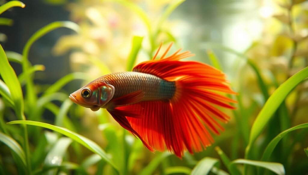 A close-up shot of a betta fish swimming gracefully in a lush underwater environment. The fish's vibrant fins gently sway, showcasing its natural beauty. The foreground features the betta's head and upper body, with a sharp focus on its intricate scales and mesmerizing eyes. In the middle ground, verdant aquatic plants sway in the current, creating a serene and nurturing habitat. The background is slightly blurred, revealing the soft lighting filtering through the water, casting a warm, natural glow on the scene. The overall composition emphasizes the betta's nutrition and the importance of a well-balanced diet in maintaining its vibrant health and active behavior. A close-up shot of a betta fish swimming gracefully in a lush underwater environment. The fish's vibrant fins gently sway, showcasing its natural beauty. The foreground features the betta's head and upper body, with a sharp focus on its intricate scales and mesmerizing eyes. In the middle ground, verdant aquatic plants sway in the current, creating a serene and nurturing habitat. The background is slightly blurred, revealing the soft lighting filtering through the water, casting a warm, natural glow on the scene. The overall composition emphasizes the betta's nutrition and the importance of a well-balanced diet in maintaining its vibrant health and active behavior.