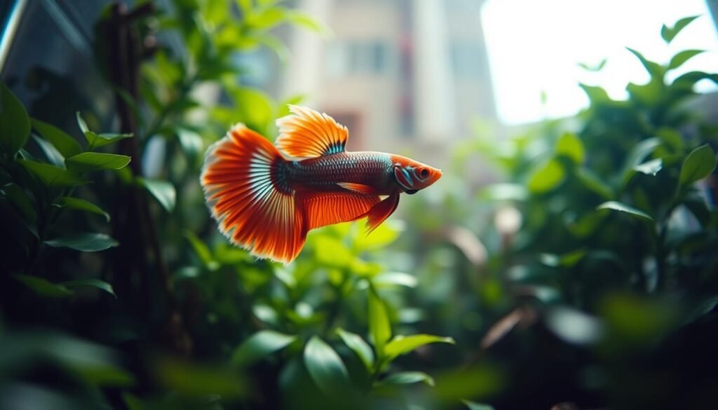 A close-up view of a Betta fish swimming gracefully in a planted aquarium. The fish is situated in the middle ground, its vibrant fins and iridescent scales catching the soft, diffused lighting that filters in from an unseen window in the background. The foreground is blurred, showcasing the aquarium's lush, verdant foliage and subtle reflections on the water's surface. The overall mood is one of tranquility and careful observation, inviting the viewer to study the Betta's mesmerizing movements and vibrant colors. The camera angle is slightly elevated, providing an intimate, eye-level perspective of the captivating subject. A close-up view of a Betta fish swimming gracefully in a planted aquarium. The fish is situated in the middle ground, its vibrant fins and iridescent scales catching the soft, diffused lighting that filters in from an unseen window in the background. The foreground is blurred, showcasing the aquarium's lush, verdant foliage and subtle reflections on the water's surface. The overall mood is one of tranquility and careful observation, inviting the viewer to study the Betta's mesmerizing movements and vibrant colors. The camera angle is slightly elevated, providing an intimate, eye-level perspective of the captivating subject.