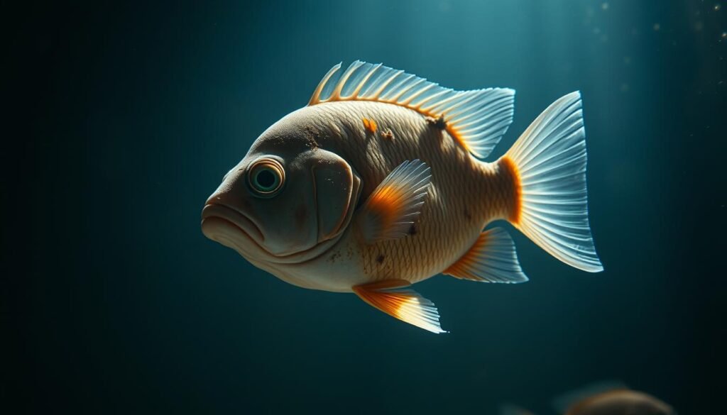 A close-up view of a sick tropical fish swimming in an aquarium filled with murky, acidic water. The fish appears lethargic, with dull, discolored scales and visible lesions or fungal growths on its body. The background is dimly lit, emphasizing the unhealthy environment. The lighting is soft, creating dramatic shadows that accentuate the fish's distressed state. The camera angle is slightly elevated, giving a sense of vulnerability and the fish's struggle to survive. The overall mood is somber and unsettling, conveying the challenges of maintaining the delicate balance required for healthy acid-loving aquarium fish. A close-up view of a sick tropical fish swimming in an aquarium filled with murky, acidic water. The fish appears lethargic, with dull, discolored scales and visible lesions or fungal growths on its body. The background is dimly lit, emphasizing the unhealthy environment. The lighting is soft, creating dramatic shadows that accentuate the fish's distressed state. The camera angle is slightly elevated, giving a sense of vulnerability and the fish's struggle to survive. The overall mood is somber and unsettling, conveying the challenges of maintaining the delicate balance required for healthy acid-loving aquarium fish.