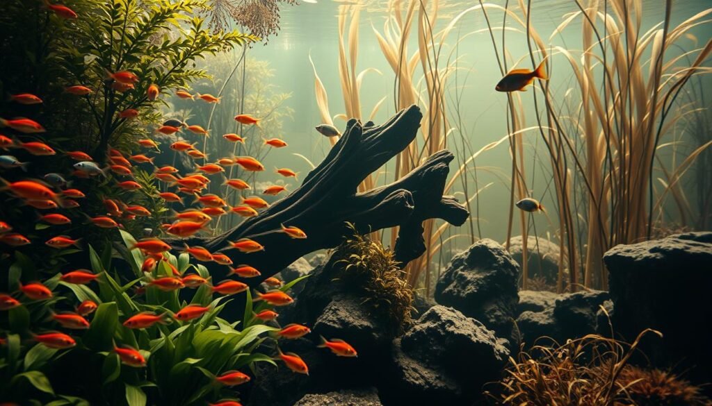A detailed underwater scene showcasing various tropical freshwater fish swimming in a lush, acidic aquatic environment. In the foreground, schools of vibrant neon tetra and cardinal tetra fish dart between the dense foliage of submerged aquatic plants. In the middle ground, a pair of dwarf cichlids forage among the driftwood and rocks, their iridescent scales reflecting the soft, diffused lighting. The background depicts a sense of depth, with tall aquatic plants swaying gently and beams of light filtering through the tannin-stained water, creating a warm, sepia-toned atmosphere. The overall composition conveys the serene, naturalistic beauty of an acidic freshwater aquarium ecosystem. A detailed underwater scene showcasing various tropical freshwater fish swimming in a lush, acidic aquatic environment. In the foreground, schools of vibrant neon tetra and cardinal tetra fish dart between the dense foliage of submerged aquatic plants. In the middle ground, a pair of dwarf cichlids forage among the driftwood and rocks, their iridescent scales reflecting the soft, diffused lighting. The background depicts a sense of depth, with tall aquatic plants swaying gently and beams of light filtering through the tannin-stained water, creating a warm, sepia-toned atmosphere. The overall composition conveys the serene, naturalistic beauty of an acidic freshwater aquarium ecosystem.