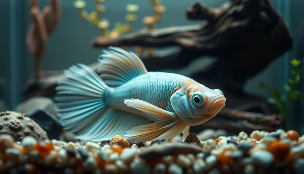 A high-resolution close-up portrait of a sick betta fish (Siamese fighting fish) resting at the bottom of a glass aquarium. The fish has pale, discolored fins and is surrounded by natural aquarium decor like rocks, plants, and driftwood. The lighting is soft and diffused, creating a sense of tranquility and melancholy. The camera is positioned slightly above the aquarium, capturing the fish's tired expression and the hazy, underwater atmosphere. The focus is on the betta's delicate features, emphasizing the signs of illness and distress. A high-resolution close-up portrait of a sick betta fish (Siamese fighting fish) resting at the bottom of a glass aquarium. The fish has pale, discolored fins and is surrounded by natural aquarium decor like rocks, plants, and driftwood. The lighting is soft and diffused, creating a sense of tranquility and melancholy. The camera is positioned slightly above the aquarium, capturing the fish's tired expression and the hazy, underwater atmosphere. The focus is on the betta's delicate features, emphasizing the signs of illness and distress.