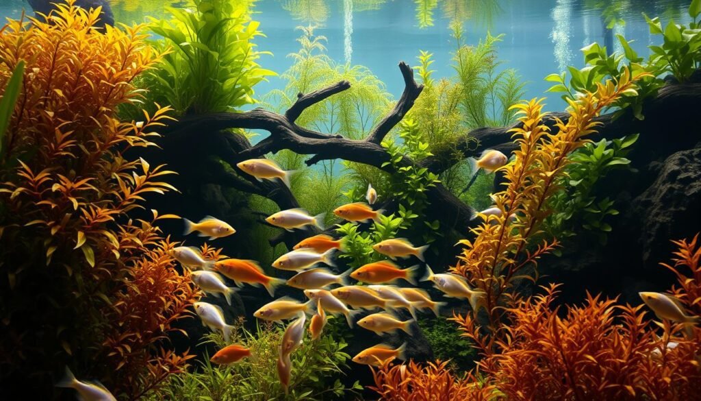 A lush, densely planted aquarium filled with thriving aquatic plants, their vibrant foliage swaying gently in the soft, diffused lighting. The water appears crystal clear, with a slight amber hue reflecting the acidic environment. In the foreground, a school of colorful, graceful fish swim, their fins delicately propelling them through the serene, tannin-stained water. The background features a naturalistic arrangement of driftwood and rocks, creating a sense of depth and complexity. The overall atmosphere is one of tranquility and balance, with the aquarium showcasing the beauty and unique ecosystem of an acidic freshwater habitat. A lush, densely planted aquarium filled with thriving aquatic plants, their vibrant foliage swaying gently in the soft, diffused lighting. The water appears crystal clear, with a slight amber hue reflecting the acidic environment. In the foreground, a school of colorful, graceful fish swim, their fins delicately propelling them through the serene, tannin-stained water. The background features a naturalistic arrangement of driftwood and rocks, creating a sense of depth and complexity. The overall atmosphere is one of tranquility and balance, with the aquarium showcasing the beauty and unique ecosystem of an acidic freshwater habitat.