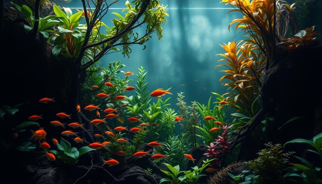 A lush, densely planted aquarium scene, bathed in soft, diffused lighting. In the foreground, a vibrant school of neon tetras and cardinal tetras dance gracefully among the tangled roots and leaves of aquatic plants. In the middle ground, a pair of dwarf cichlids and a shoal of ember tetras explore the hidden crevices and shadows. The background fades into a misty, atmospheric haze, hinting at the mysterious depths of an acidic blackwater environment. Carefully composed to capture the serene, jewel-like beauty of an acidic freshwater ecosystem. A lush, densely planted aquarium scene, bathed in soft, diffused lighting. In the foreground, a vibrant school of neon tetras and cardinal tetras dance gracefully among the tangled roots and leaves of aquatic plants. In the middle ground, a pair of dwarf cichlids and a shoal of ember tetras explore the hidden crevices and shadows. The background fades into a misty, atmospheric haze, hinting at the mysterious depths of an acidic blackwater environment. Carefully composed to capture the serene, jewel-like beauty of an acidic freshwater ecosystem.