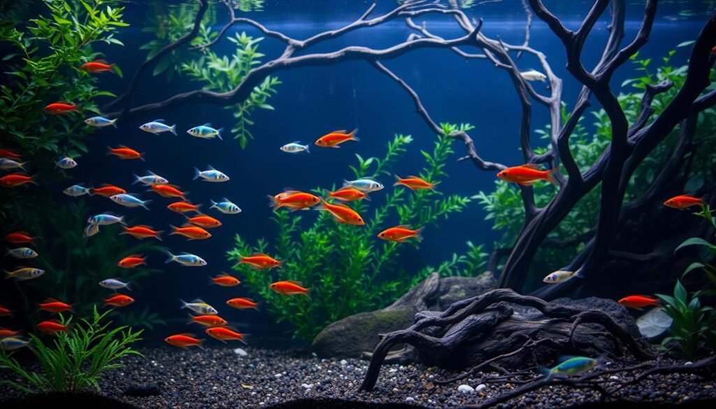 A lush, underwater aquarium scene with vibrant, delicate fish swimming gracefully amidst a serene, tannin-stained water. The foreground features a school of neon tetras and cardinal tetras, their iridescent scales reflecting the soft, diffused lighting. In the middle ground, a group of dwarf corydoras catfish scurry along the subtly sloping substrate, foraging for food. The background showcases a dense arrangement of twisted, driftwood branches and lush, green aquatic plants, creating a sense of depth and natural tranquility. The overall mood is one of delicate, subdued beauty, capturing the essence of an acidic water environment and the specialized care required for these sensitive, tropical fish. A lush, underwater aquarium scene with vibrant, delicate fish swimming gracefully amidst a serene, tannin-stained water. The foreground features a school of neon tetras and cardinal tetras, their iridescent scales reflecting the soft, diffused lighting. In the middle ground, a group of dwarf corydoras catfish scurry along the subtly sloping substrate, foraging for food. The background showcases a dense arrangement of twisted, driftwood branches and lush, green aquatic plants, creating a sense of depth and natural tranquility. The overall mood is one of delicate, subdued beauty, capturing the essence of an acidic water environment and the specialized care required for these sensitive, tropical fish.