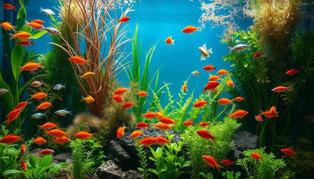 A lush underwater scene with vibrant schools of ornamental fish gracefully swimming amongst lush aquatic plants. In the foreground, a variety of tropical fish such as guppies, mollies, and tetras gather around a bountiful feeding station, their colorful fins and scales glistening under the soft, diffused lighting. The middle ground features a diverse array of aquatic flora, including tall, swaying plants and delicate floating vegetation. In the background, the aquarium walls fade into a hazy, azure-tinted depth, creating a sense of depth and tranquility. The overall mood is serene and calming, evoking the peaceful ambiance of a well-maintained home aquarium. como cuidar de peixes ornamentais