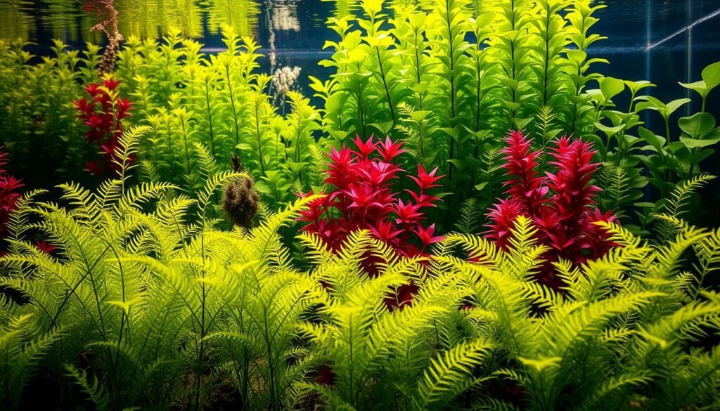 A lush, vibrant aquarium filled with a variety of aquatic plants thriving in an acidic environment. In the foreground, delicate, fern-like plants sway gently, their vibrant green hues complemented by the warm, golden-hued lighting. In the middle ground, clusters of striking, ruby-red plants add pops of color, while in the background, towering, leafy green plants create a sense of depth and natural beauty. The water's surface reflects the plants, creating a serene, underwater landscape. The overall scene conveys a tranquil, well-balanced aquatic ecosystem suitable for a specialized, acidic water habitat. A lush, vibrant aquarium filled with a variety of aquatic plants thriving in an acidic environment. In the foreground, delicate, fern-like plants sway gently, their vibrant green hues complemented by the warm, golden-hued lighting. In the middle ground, clusters of striking, ruby-red plants add pops of color, while in the background, towering, leafy green plants create a sense of depth and natural beauty. The water's surface reflects the plants, creating a serene, underwater landscape. The overall scene conveys a tranquil, well-balanced aquatic ecosystem suitable for a specialized, acidic water habitat.