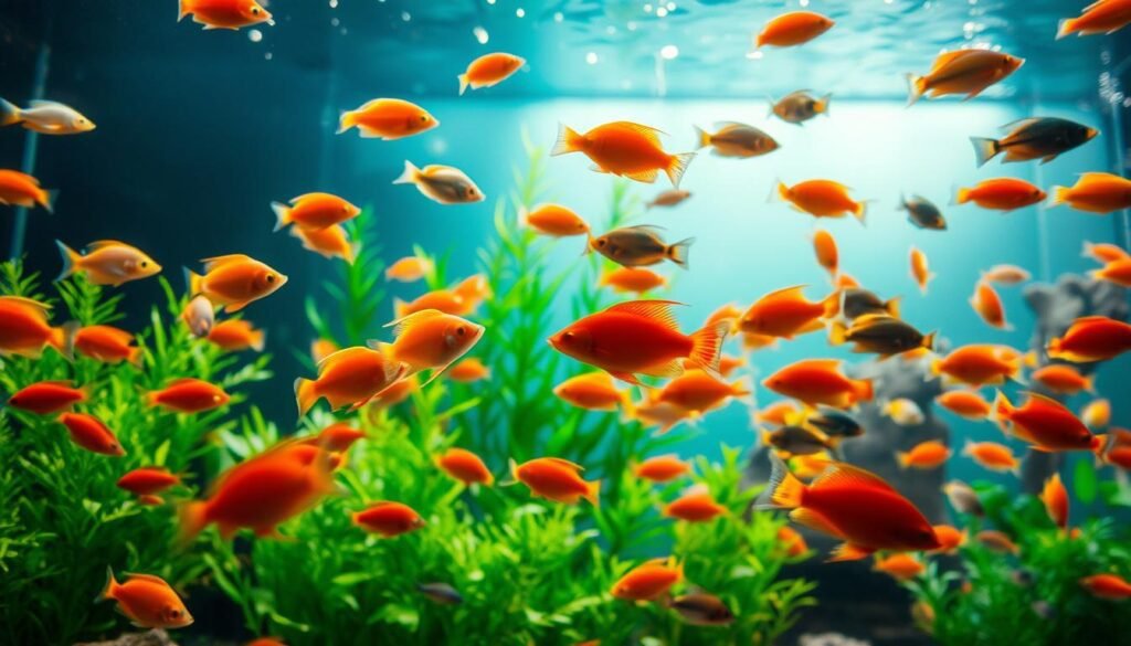 A school of vibrant, tropical ornamental fish swimming gracefully in a lush, underwater aquarium environment. The foreground showcases a variety of brightly colored fish, including guppies, tetras, and angelfish, their fins delicately flowing in the gentle current. The middle ground reveals a well-planted aquascape with verdant aquatic plants, creating a natural, serene habitat. The background features soft, diffused lighting that casts a warm, inviting glow, accentuating the mesmerizing movement of the fish. The overall scene captures the captivating essence of ornamental fish, inviting the viewer to appreciate their beauty and wonder in a harmonious aquatic ecosystem. A school of vibrant, tropical ornamental fish swimming gracefully in a lush, underwater aquarium environment. The foreground showcases a variety of brightly colored fish, including guppies, tetras, and angelfish, their fins delicately flowing in the gentle current. The middle ground reveals a well-planted aquascape with verdant aquatic plants, creating a natural, serene habitat. The background features soft, diffused lighting that casts a warm, inviting glow, accentuating the mesmerizing movement of the fish. The overall scene captures the captivating essence of ornamental fish, inviting the viewer to appreciate their beauty and wonder in a harmonious aquatic ecosystem.