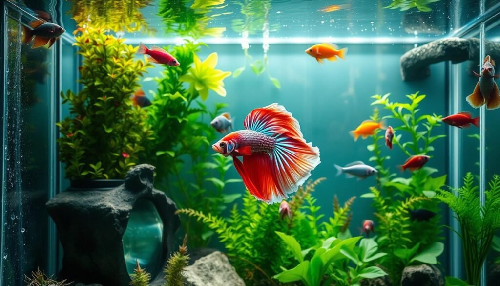 A spacious aquarium, its glass walls shimmering with crystal clarity, filled with lush aquatic vegetation and a diverse array of vibrant tropical fish. The centerpiece is a stunning betta fish, its flowing fins gently undulating as it explores the ample confines of its well-maintained habitat. Soft, diffused lighting bathes the scene, creating a serene and calming atmosphere. The aquarium's dimensions are proportionate, allowing the betta ample room to swim and thrive, in contrast to the cramped conditions that can lead to their behavioral issues. This image captures the importance of providing a suitably sized aquarium, ensuring the health and happiness of these captivating creatures. A spacious aquarium, its glass walls shimmering with crystal clarity, filled with lush aquatic vegetation and a diverse array of vibrant tropical fish. The centerpiece is a stunning betta fish, its flowing fins gently undulating as it explores the ample confines of its well-maintained habitat. Soft, diffused lighting bathes the scene, creating a serene and calming atmosphere. The aquarium's dimensions are proportionate, allowing the betta ample room to swim and thrive, in contrast to the cramped conditions that can lead to their behavioral issues. This image captures the importance of providing a suitably sized aquarium, ensuring the health and happiness of these captivating creatures.