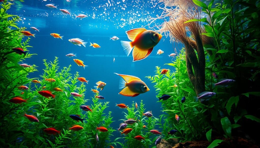 A vibrant underwater scene featuring a diverse array of popular freshwater fish species thriving in an acidic aquatic environment. In the foreground, brightly colored tetras and rasboras dart among the lush, verdant aquatic plants. The mid-ground showcases a pair of majestic angelfish gliding effortlessly, their flowing fins reflecting the soft, hazy lighting. In the background, the subtle silhouettes of larger characins and loricariids add depth and complexity to the composition. The overall atmosphere conveys a serene, balanced ecosystem, with the faint tannin-stained water evoking the tranquil nature of an acidic blackwater habitat. A vibrant underwater scene featuring a diverse array of popular freshwater fish species thriving in an acidic aquatic environment. In the foreground, brightly colored tetras and rasboras dart among the lush, verdant aquatic plants. The mid-ground showcases a pair of majestic angelfish gliding effortlessly, their flowing fins reflecting the soft, hazy lighting. In the background, the subtle silhouettes of larger characins and loricariids add depth and complexity to the composition. The overall atmosphere conveys a serene, balanced ecosystem, with the faint tannin-stained water evoking the tranquil nature of an acidic blackwater habitat.