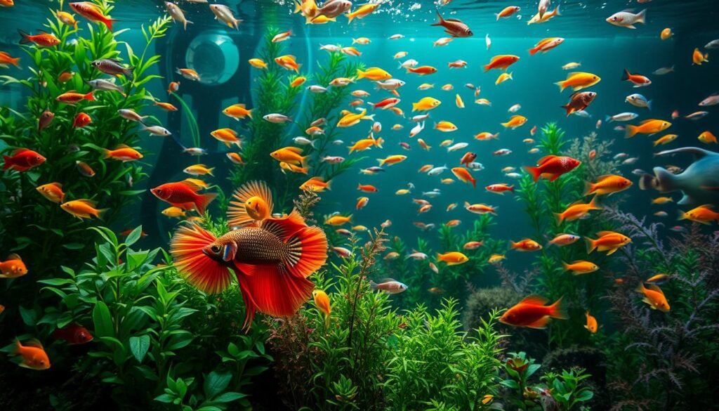 A vibrant underwater scene showcasing a diverse array of ornamental fish species. In the foreground, a lush, densely planted aquarium setting with shimmering schools of neon tetras, angelfish, and guppies gracefully swimming amidst the verdant foliage. The middle ground features a striking betta fish with its flowing fins and brilliant colors, drawing the viewer's eye. In the background, a kaleidoscope of other ornamental species such as discus, cardinal tetras, and dwarf gouramis populate the tranquil waters, creating a harmonious and captivating display. The lighting is soft and natural, casting a warm, inviting glow throughout the scene. The camera angle is slightly elevated, allowing for a comprehensive view of the aquatic wonderland. A vibrant underwater scene showcasing a diverse array of ornamental fish species. In the foreground, a lush, densely planted aquarium setting with shimmering schools of neon tetras, angelfish, and guppies gracefully swimming amidst the verdant foliage. The middle ground features a striking betta fish with its flowing fins and brilliant colors, drawing the viewer's eye. In the background, a kaleidoscope of other ornamental species such as discus, cardinal tetras, and dwarf gouramis populate the tranquil waters, creating a harmonious and captivating display. The lighting is soft and natural, casting a warm, inviting glow throughout the scene. The camera angle is slightly elevated, allowing for a comprehensive view of the aquatic wonderland.